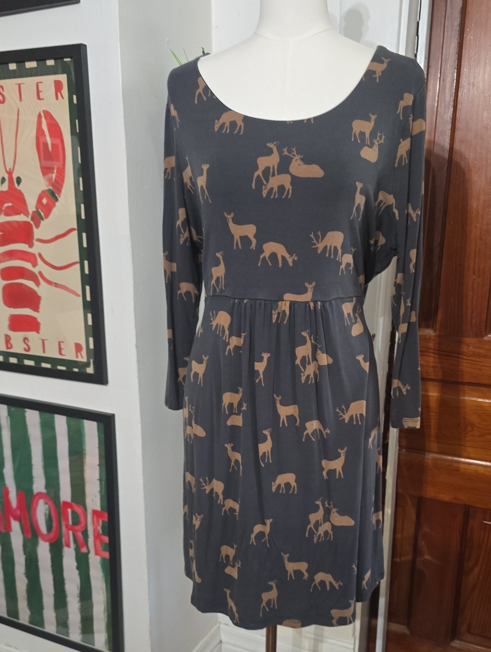 Mini Boden Charcoal Dress with Tan Deer Print